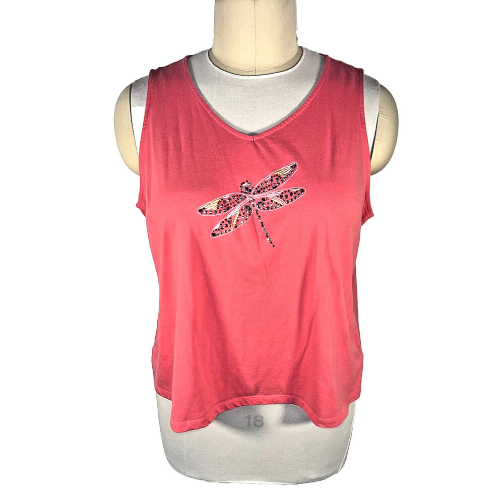 Coral Bay Tank Top Women's 2XL Pink with Silver Beaded Yellow Dragonfly